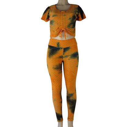 wholesale tiktok leggings 2 piece set crop top and high waist anti cellulite leggings tie dye orange and black