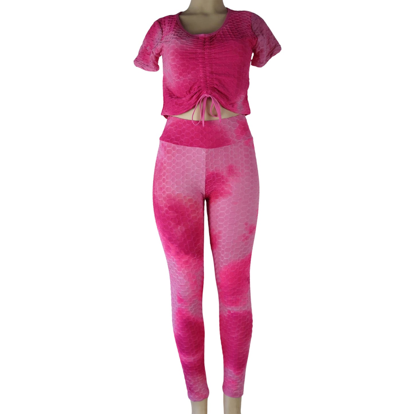 wholesale tiktok leggings 2 piece set crop top and high waist anti cellulite leggings tie dye fuchsia and pink
