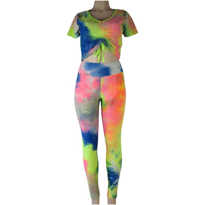 wholesale tiktok leggings 2 piece set crop top and high waist anti cellulite leggings tie dye rainbow color blend
