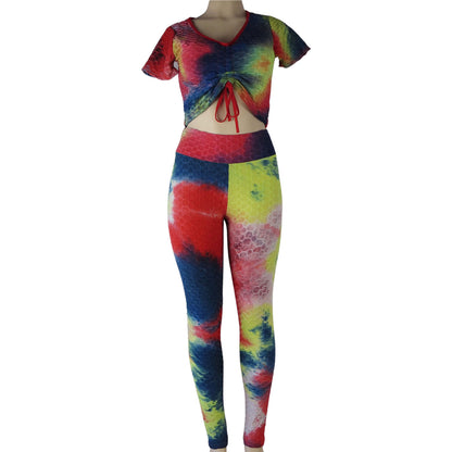 wholesale tiktok leggings 2 piece set crop top and high waist anti cellulite leggings tie dye red yellow and blue mix