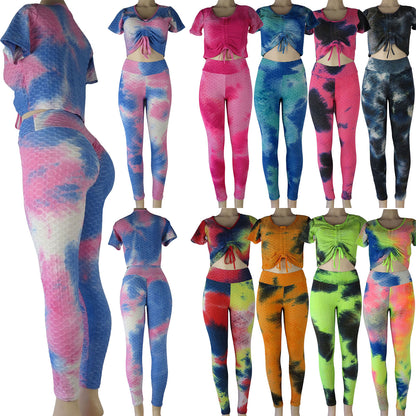 wholesale tiktok leggings 2 piece set crop top and high waist anti cellulite leggings tie dye assortment
