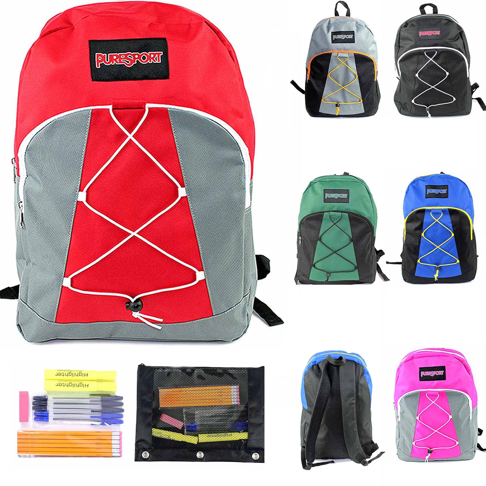 bungee backpacks in assorted colors wholesale with school supply kits