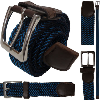 wholesale elastic stretch belt in a braided woven blue and black multicolor
