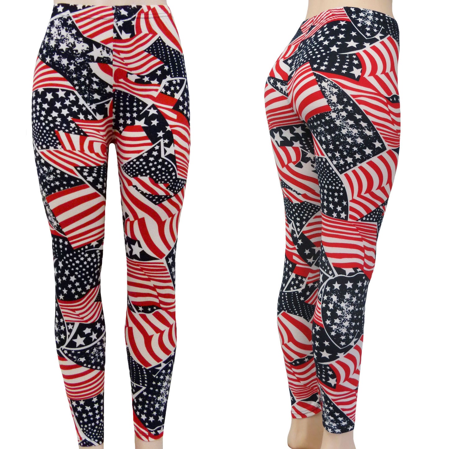 Wholesale USA Flag Leggings in Artistic Red White and Blue Stars and Stripes Design