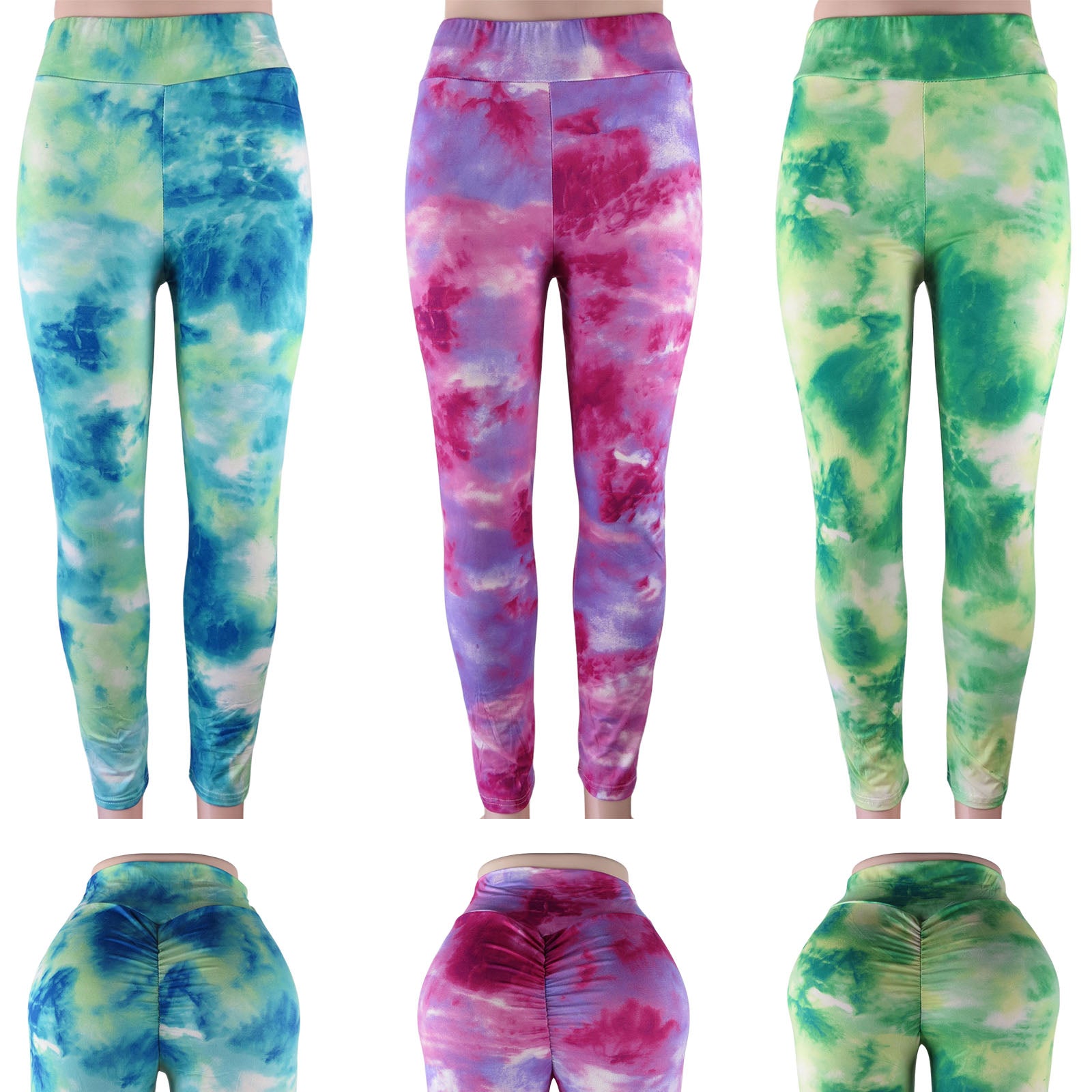 tie dye wholesale leggings with a scrunch butt and high waist in assorted colors