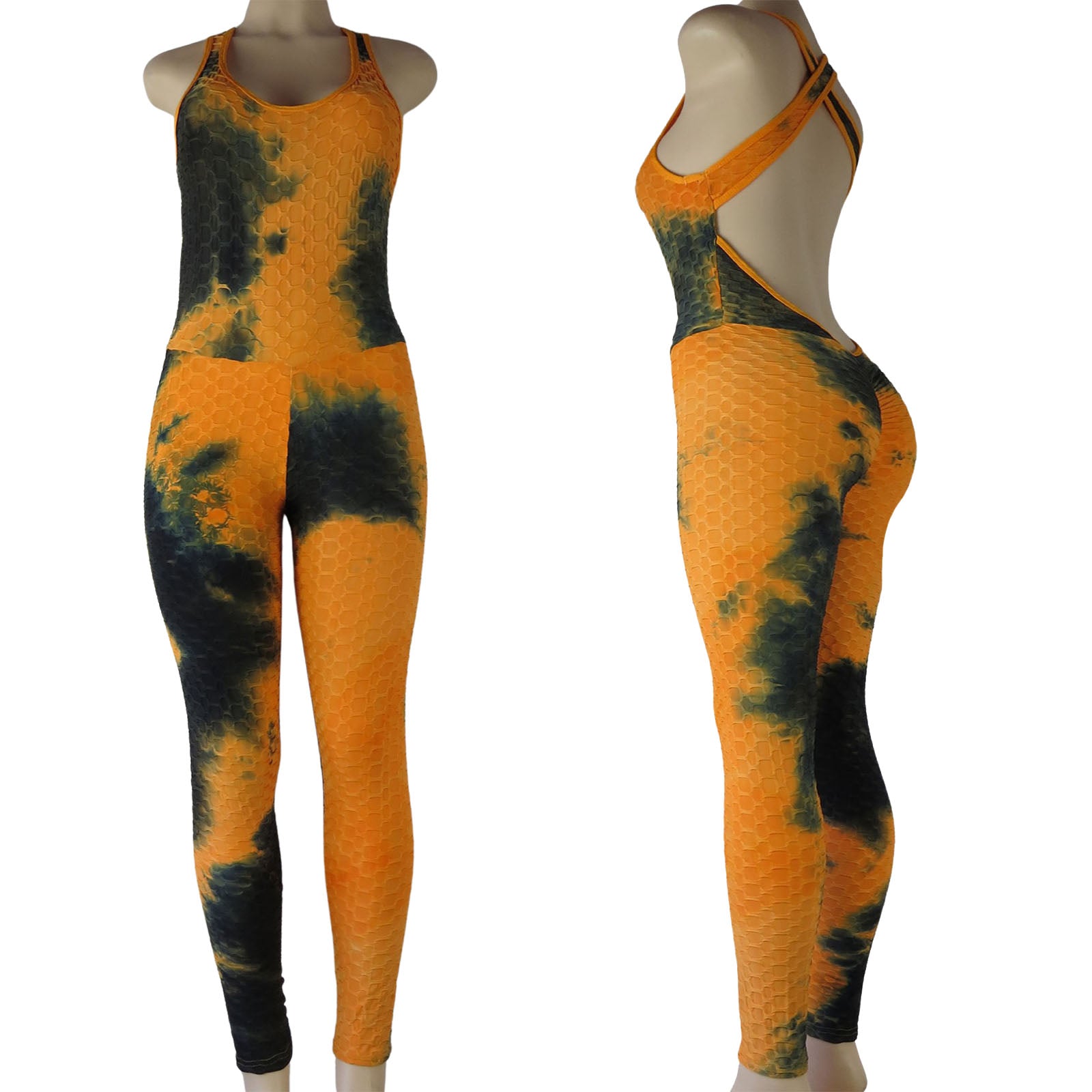orange and black tie dye wholesale tiktok leggings romper in bubble print design