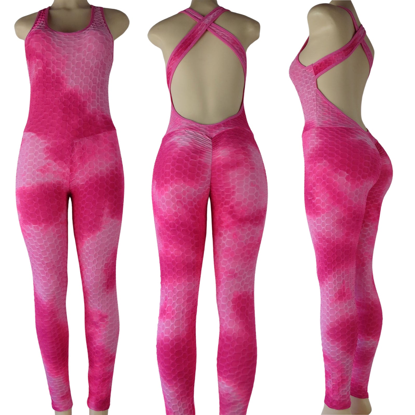 fuchsia and pink tie dye wholesale tiktok leggings romper in bubble print design