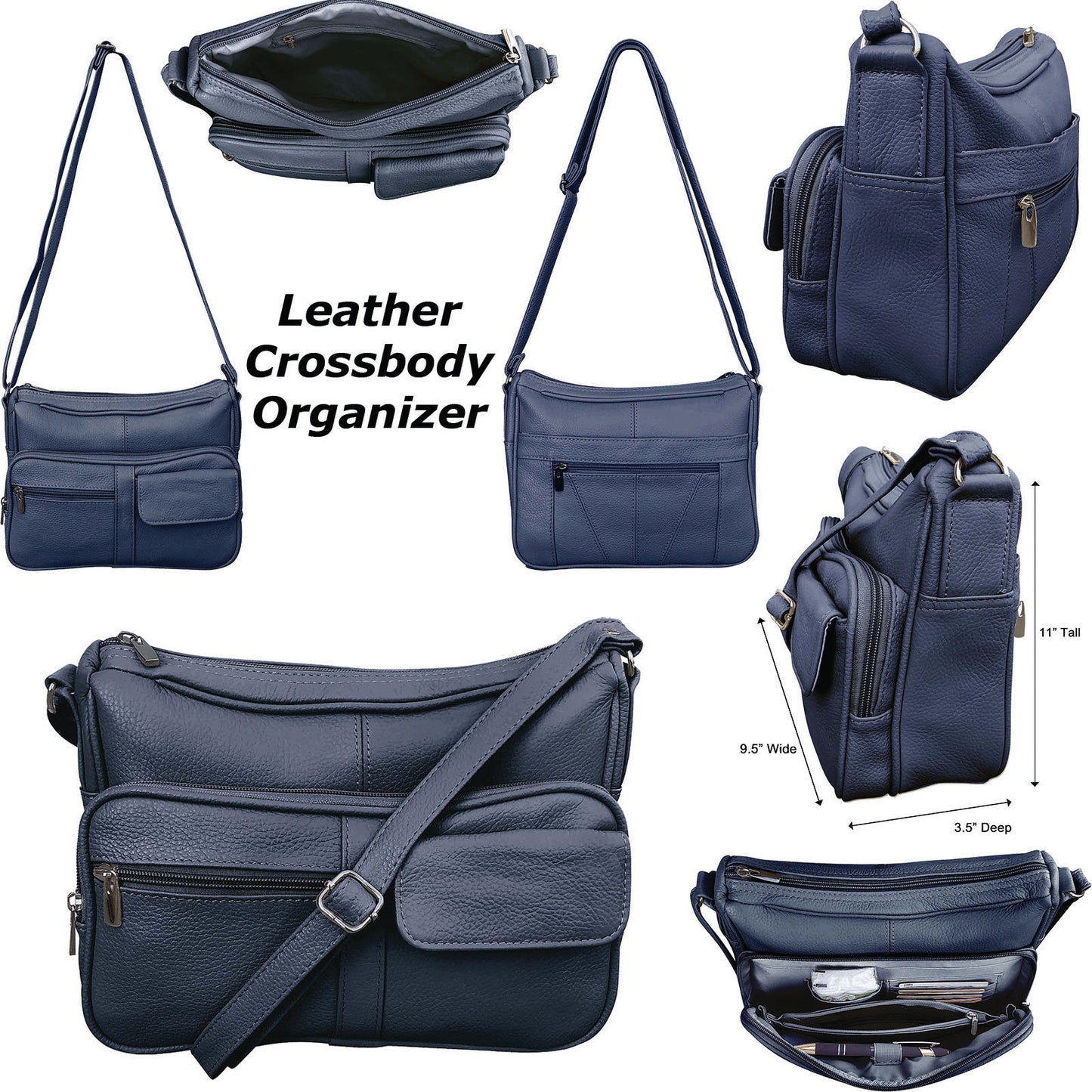 womens wholesale leather crossbody organizer shoulder bag in navy blue