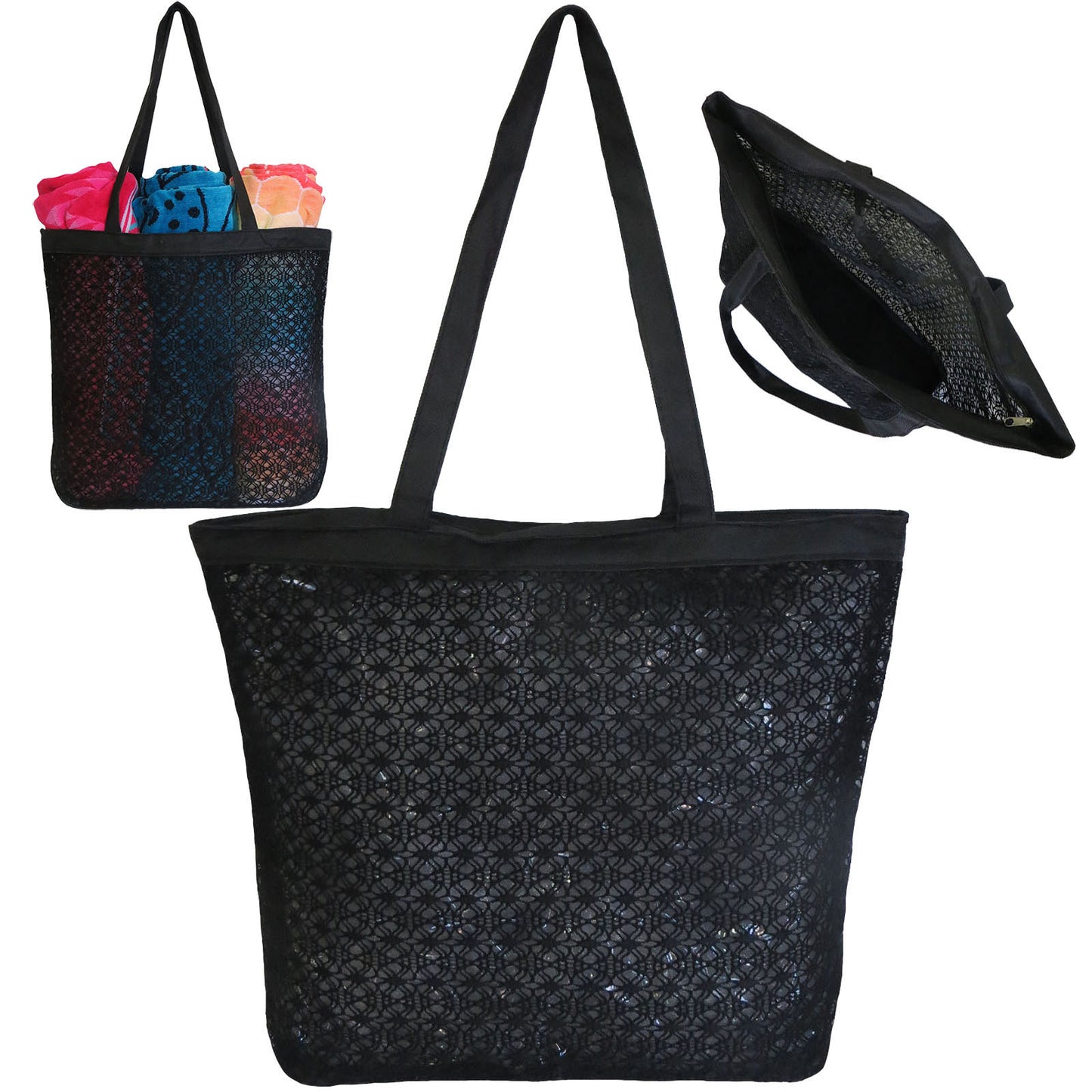Wholesale Mesh Beach Bag Market Tote with Embroidery - Alessa Vibe in Black