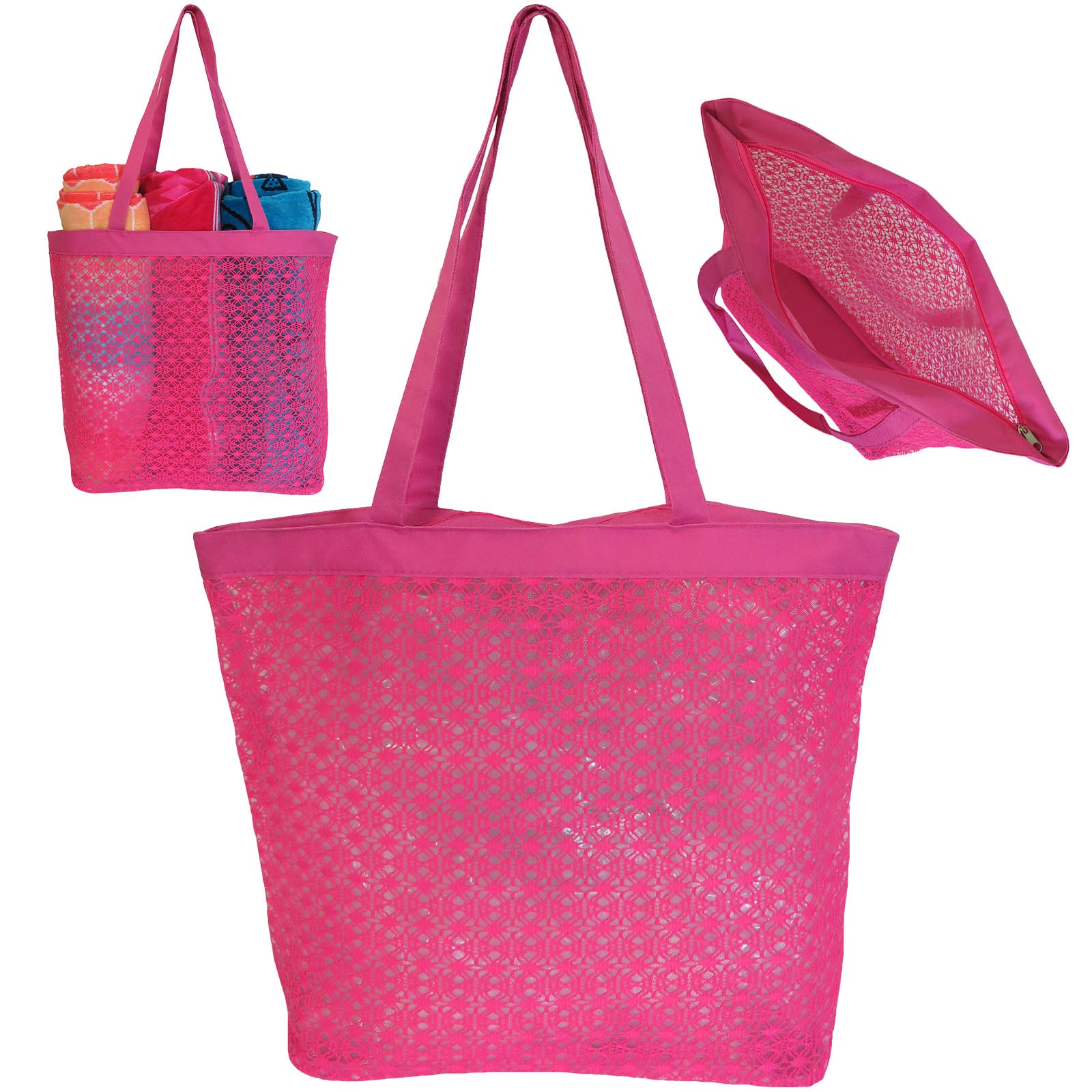 Wholesale Mesh Beach Bag Market Tote with Embroidery - Alessa Vibe in Pink