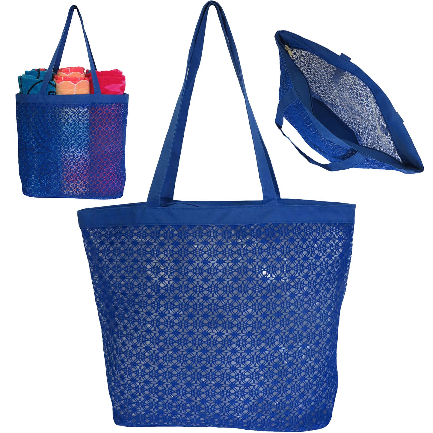 Wholesale Mesh Beach Bag Market Tote with Embroidery - Alessa Vibe in Royal Blue