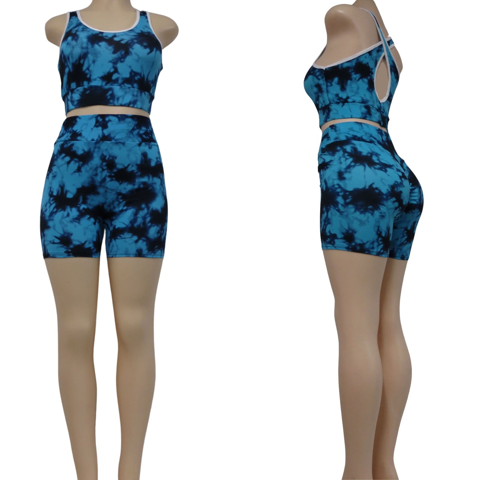 wholesale tie dye anti cellulite shorts set with racerback top in blue and black color mix