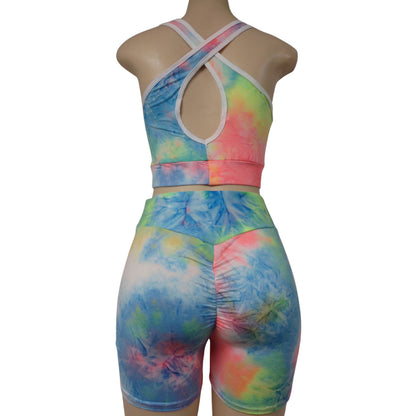 tie dye anti cellulite wholesale shorts set with racerback top