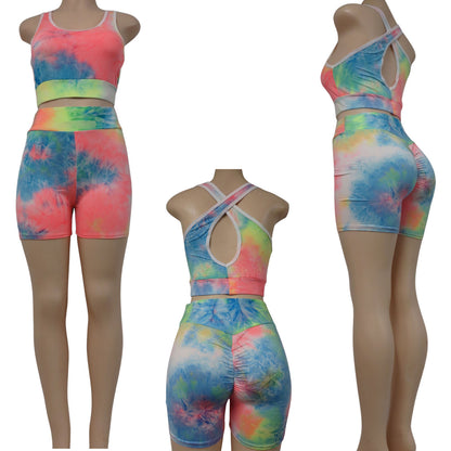 wholesale tie dye anti cellulite shorts set with racerback top in rainbow color mix