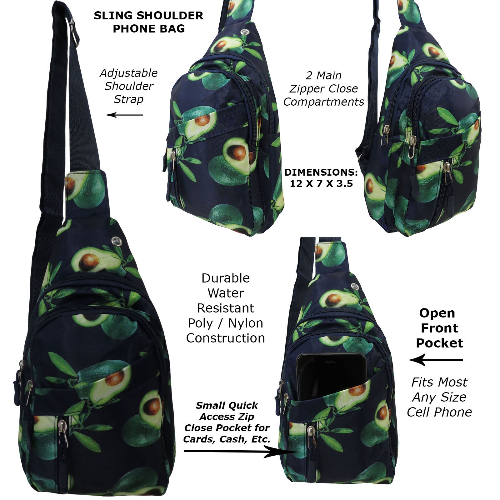 avocado print wholesale sling shoulder bag with phone pocket