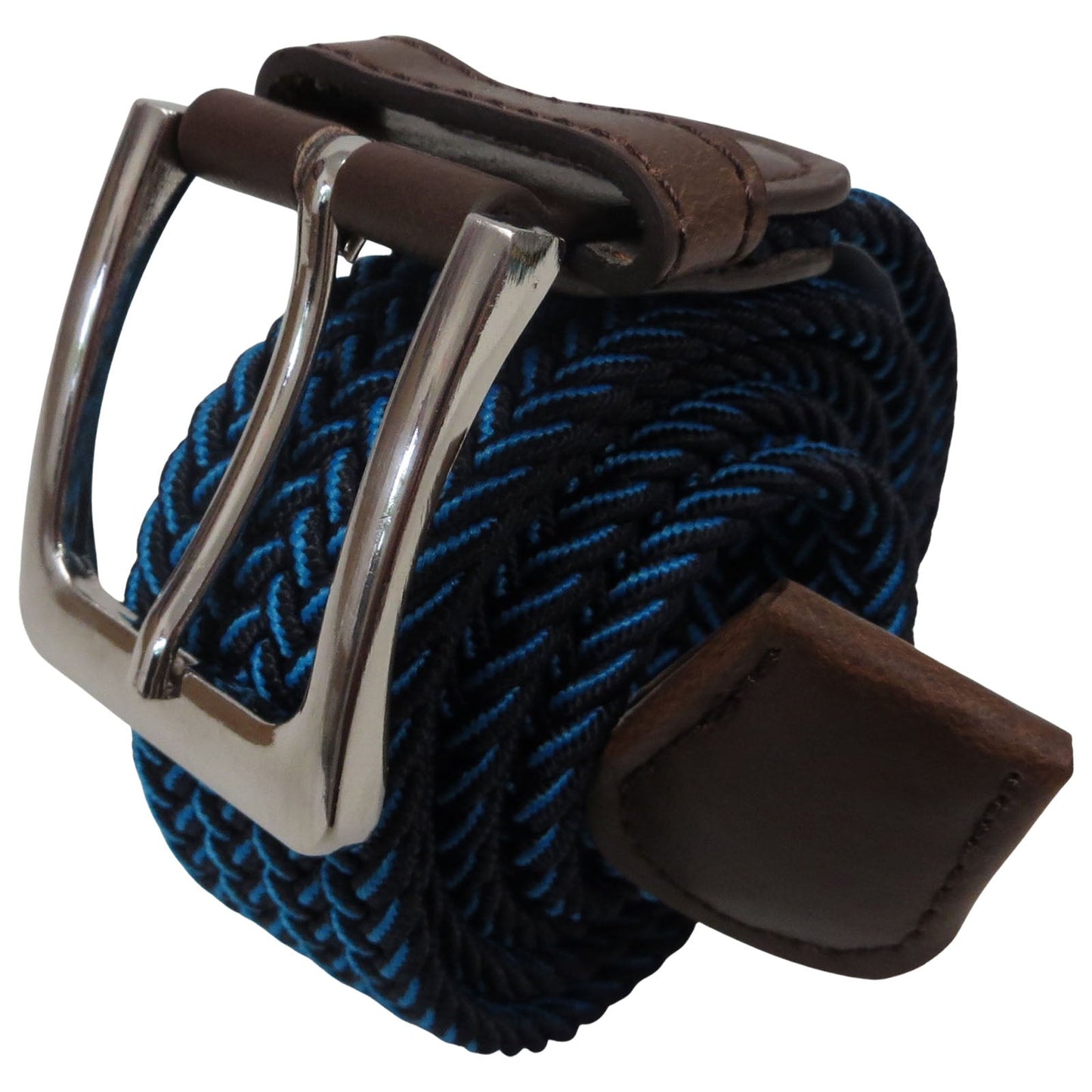 wholesale elastic stretch belt in a woven blue and black multicolor